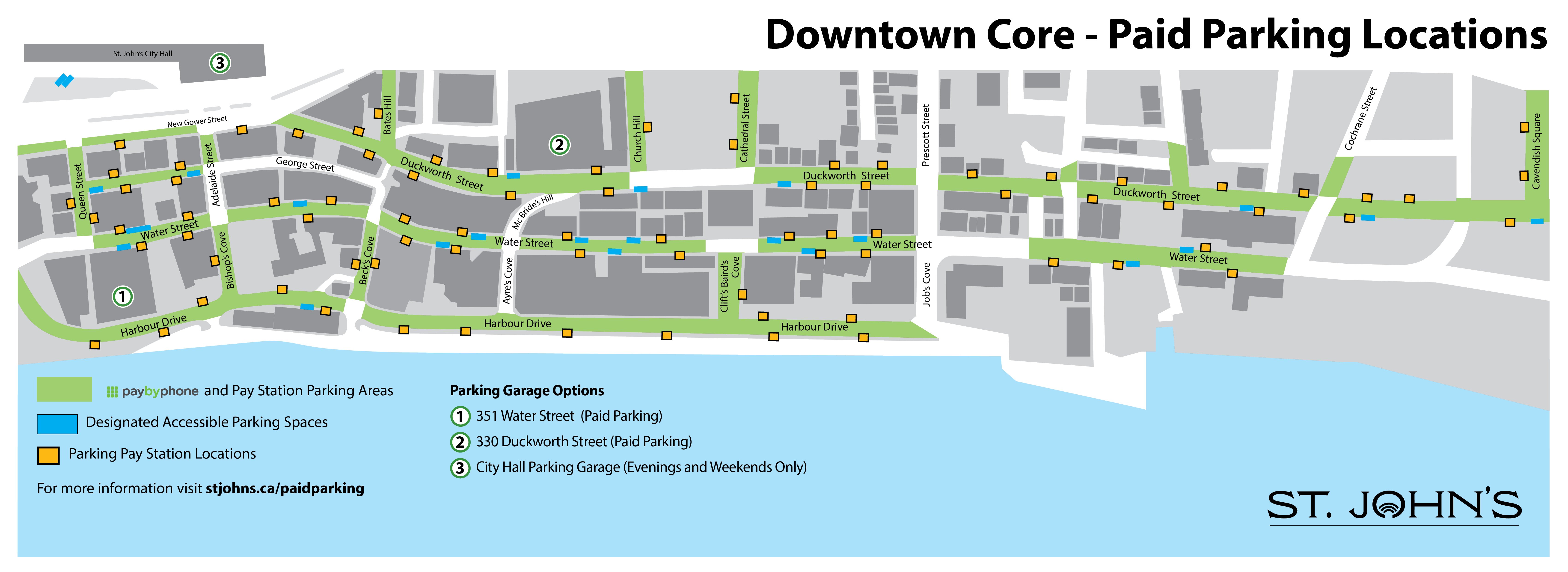 A map of St. John's downtown core parking areas including Pay by Phone areas and Parking Pay Station locations